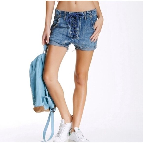 NEW! One Teaspoon Super Freaks Lace Up Cut Off Jean Shorts SZ 32 - Picture 2 of 11
